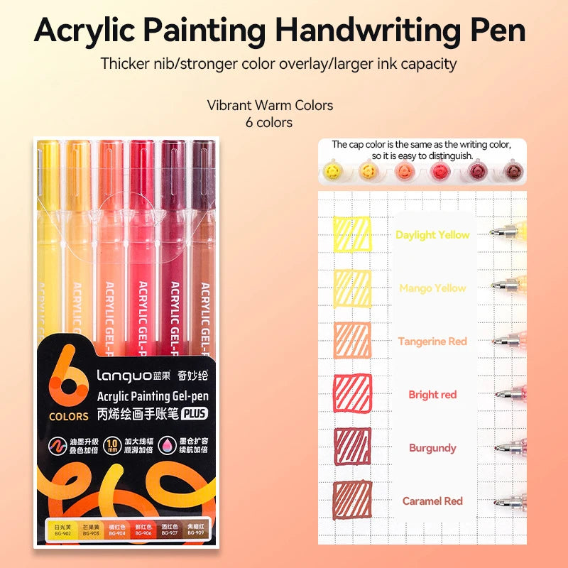 A set of six acrylic painting handwriting pens in various vibrant colors, including yellow, red, and orange shades.