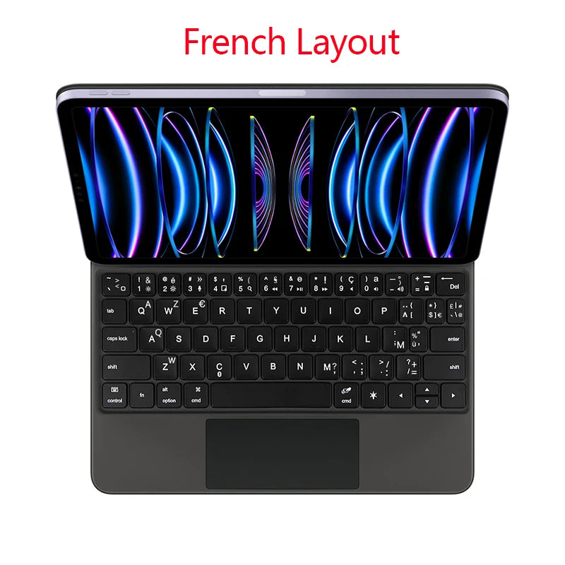 Backlit touchpad magic keyboard for iPad showing a French layout display