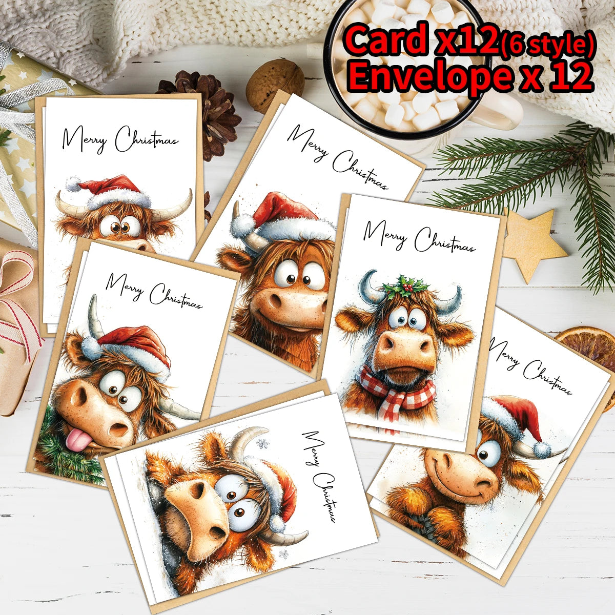 A collection of twelve Christmas greeting cards featuring adorable Highland cow illustrations.