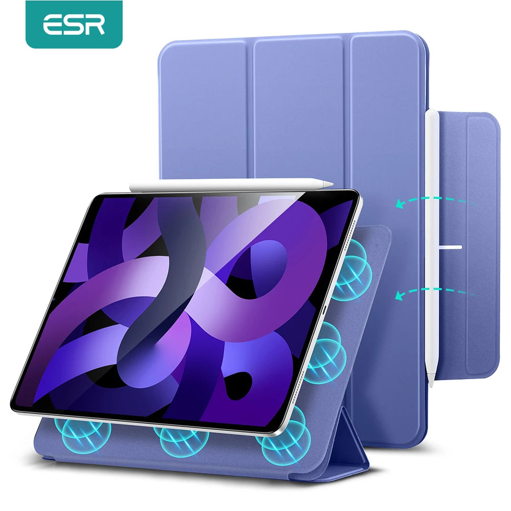 A purple magnetic folio case for an iPad Pro or Air, shown with a stylus and a tablet.