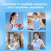 Hands-free neck fan with LED display shown in various scenarios including sports, kitchen, and office settings.
