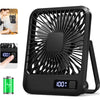 A black portable USB rechargeable desk fan with a grille design and power button.