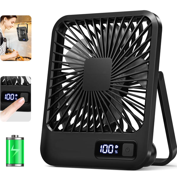 Ventilateur de bureau portable noir rechargeable par USB avec grille et bouton d'alimentation.