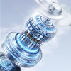 A close-up view of a portable rechargeable handheld cooling fan with blue glowing internal components.