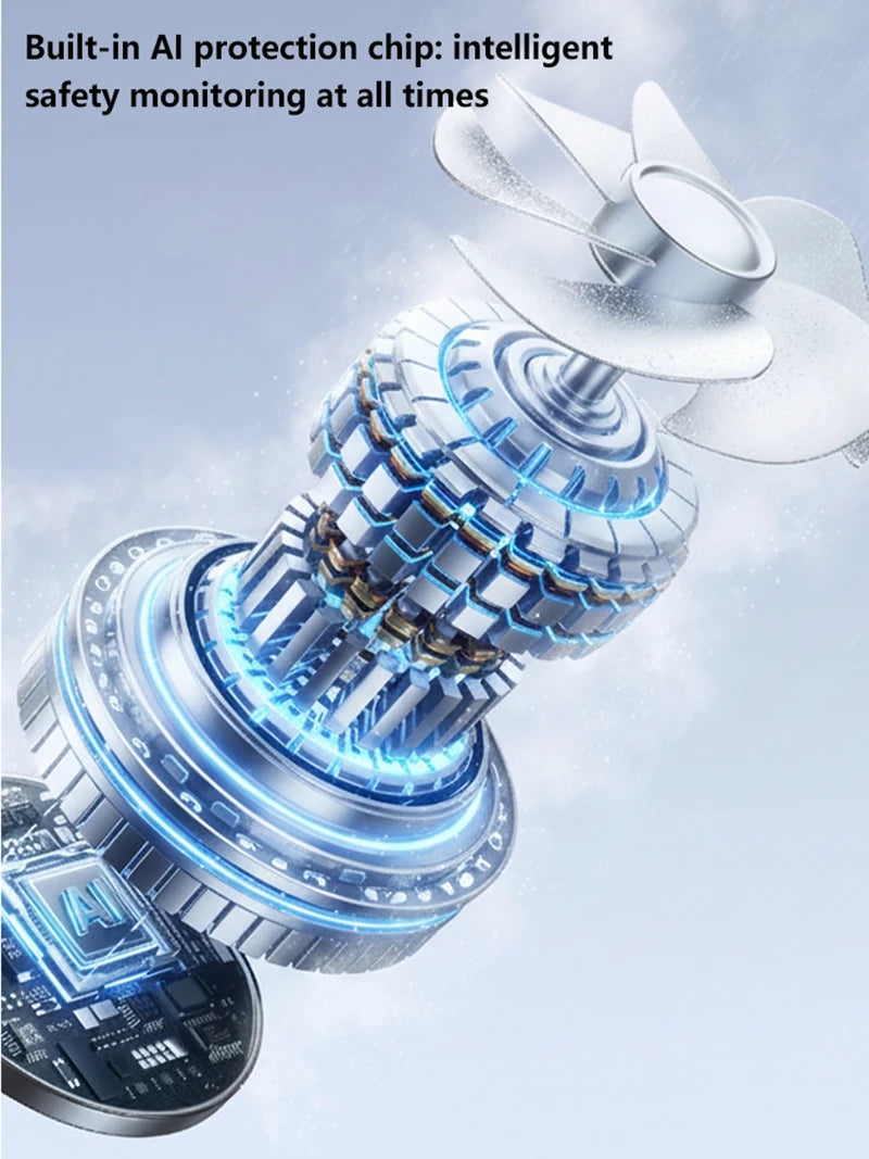 A close-up view of a portable rechargeable handheld cooling fan with blue glowing internal components.