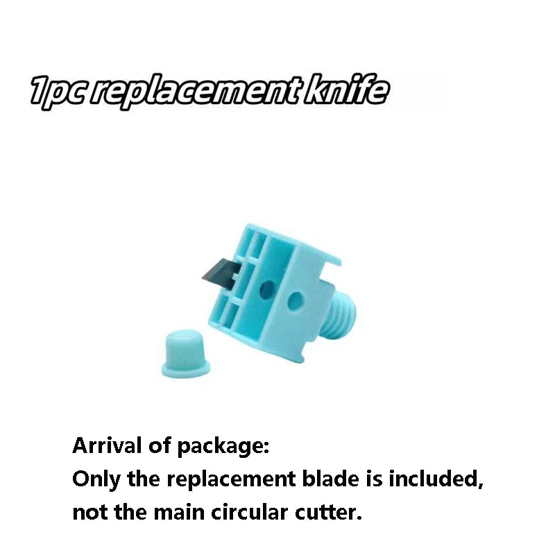 A single replacement blade for a circle cutting tool is shown in light blue plastic.