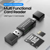 A black OTG USB Type-C card reader is shown next to an SD and TF memory card.