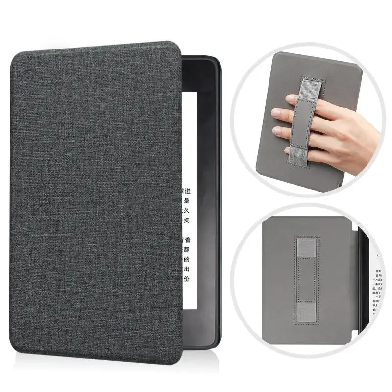 A dark gray premium leather case for a Kindle Paperwhite, shown in a full view and an inset demonstrating the protective grip