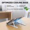 An adjustable foldable laptop cooling stand is shown under a laptop, designed for optimized cooling and heat dissipation.