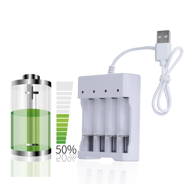 A white battery charger device with multiple cell slots and a cord, shown next to a glass container illustrating charge level
