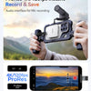 A hand holds a ProRes 4K/120fps instant record and save audio interface for microphone recording.
