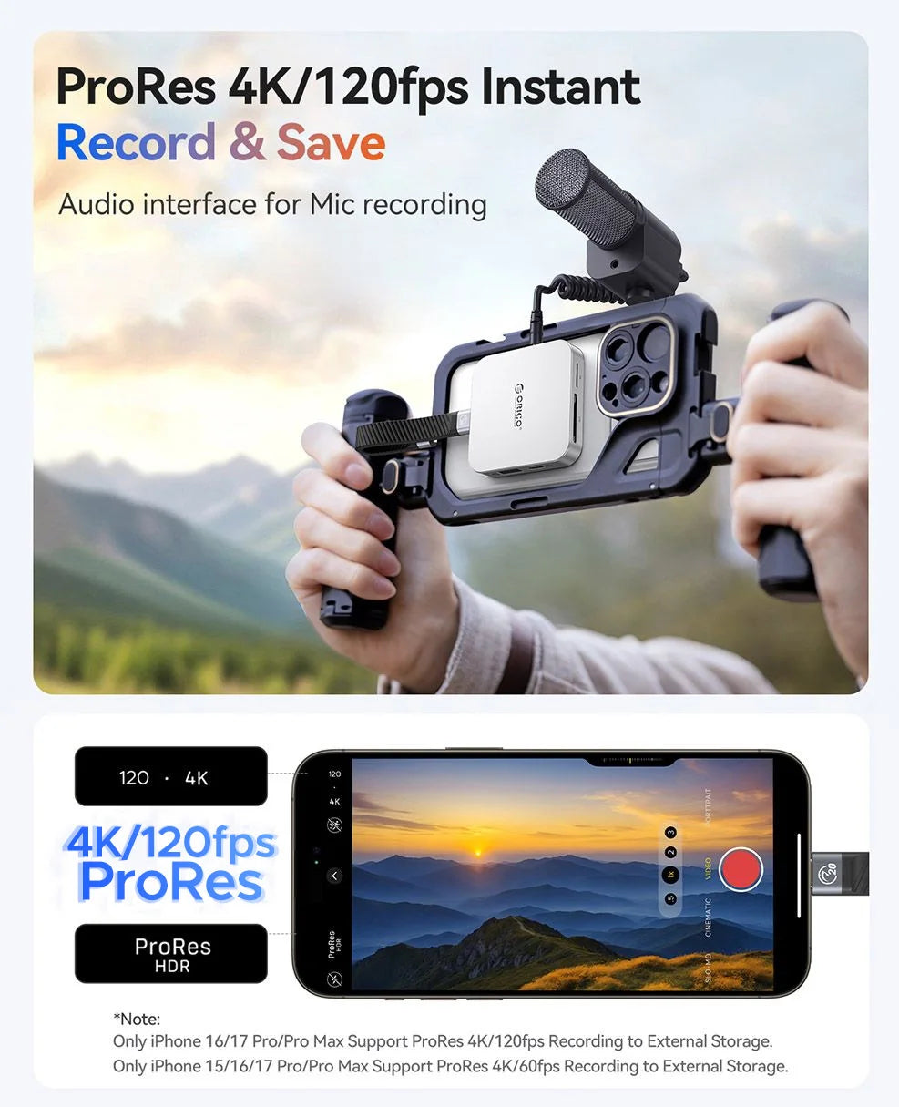 A hand holds a ProRes 4K/120fps instant record and save audio interface for microphone recording.