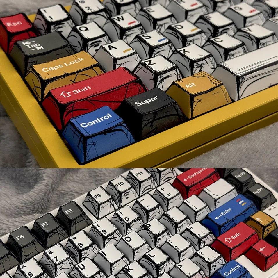 A close-up view of custom cherry profile mechanical keyboard keycaps arranged in a grid.