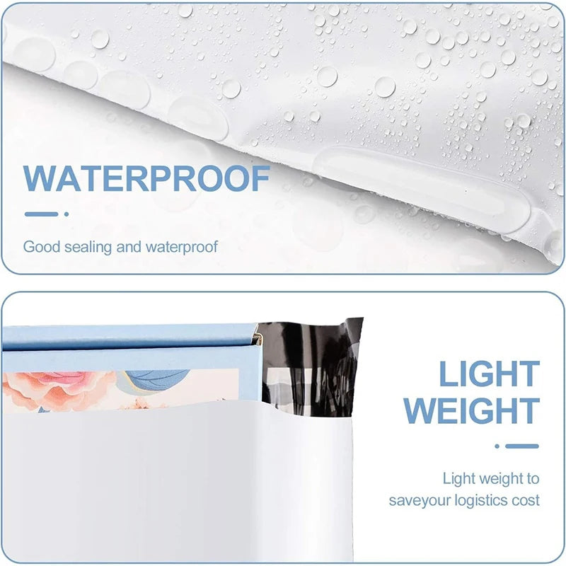 Close-up of a white waterproof poly mailer showing sealing features and light weight