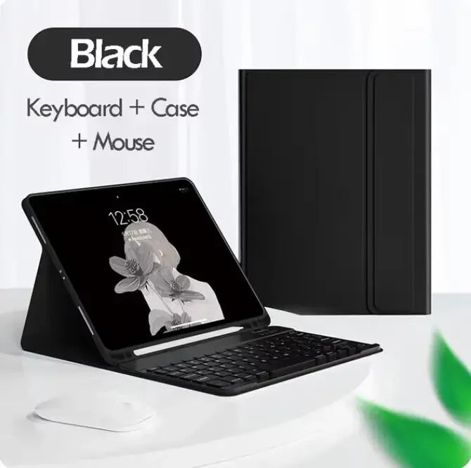 Black magnetic keyboard case and mouse shown next to an iPad Pro tablet.