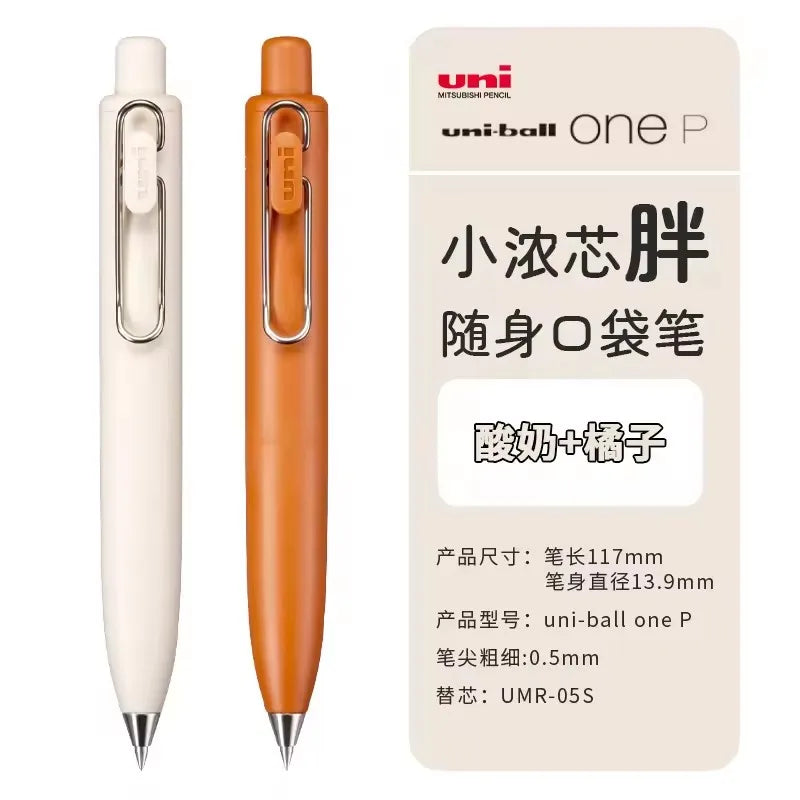 A white and orange Uni-ball one P gel pen is shown with its packaging details.