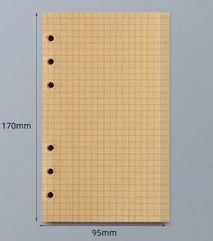 Cuaderno encuadernado en espiral color tostado claro con patrón de cuadrícula y tres agujeros perforados en el borde izquierd