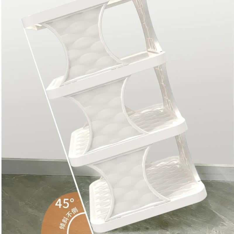 A white portable plastic shoe hanger with three tiers shown at a 45-degree angle.
