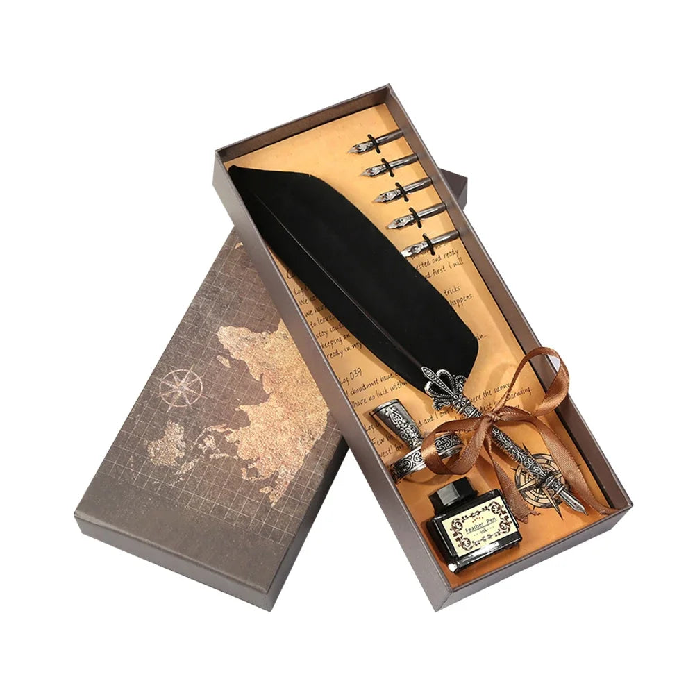 A wooden box containing a black feather dip pen and other calligraphy tools on a map background