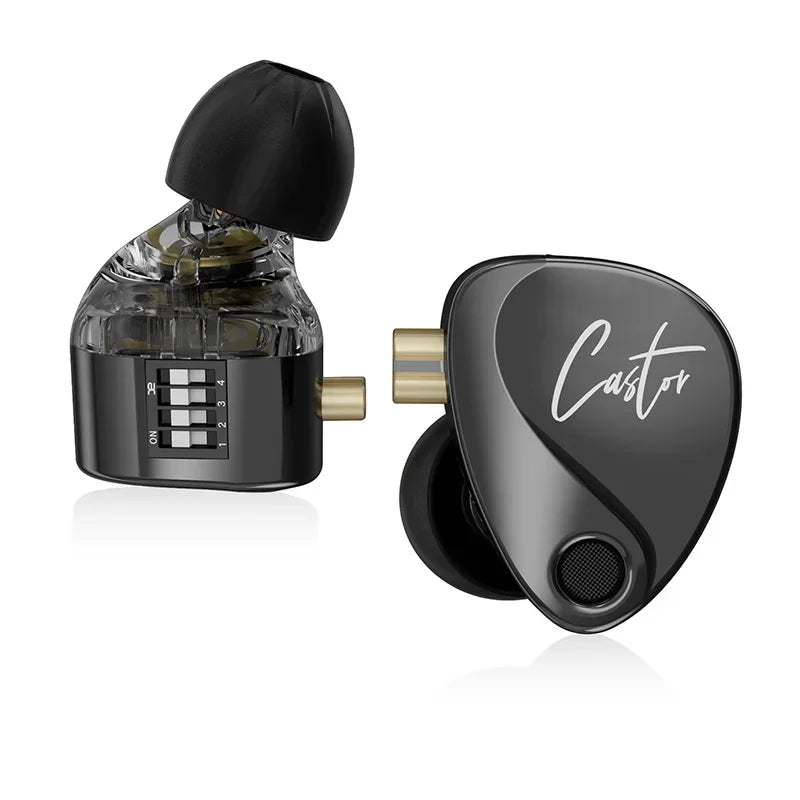 A pair of black KZ Castor 2DD dual dynamic driver earphones with a detachable cable shown on a white background.