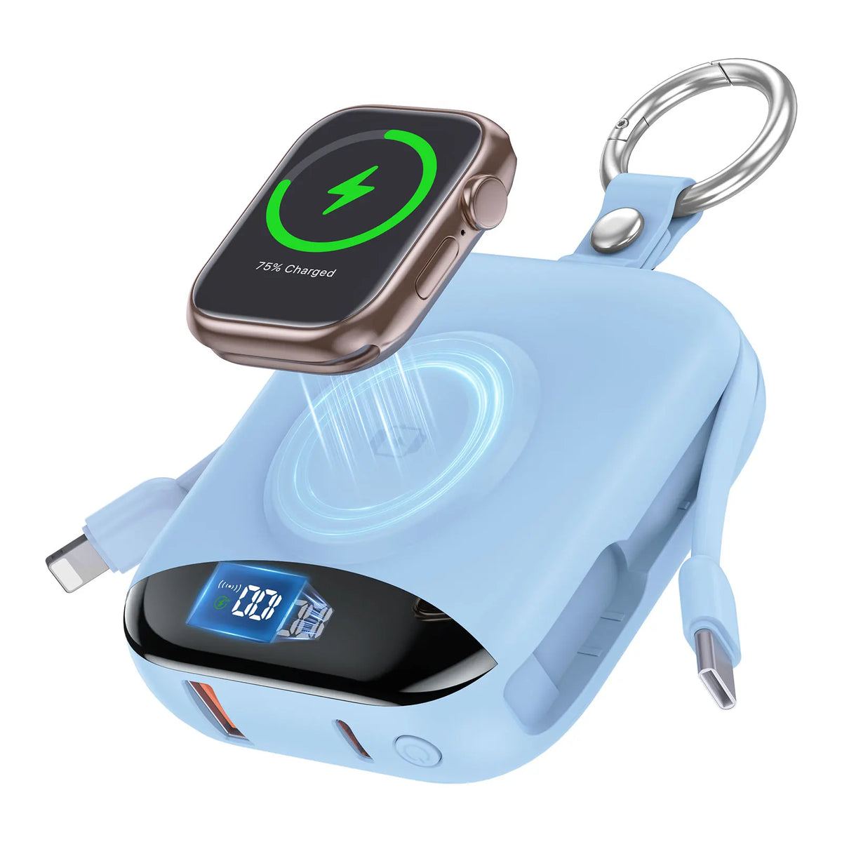 A light blue portable power bank with a gold-colored smartwatch attached by a metal loop.