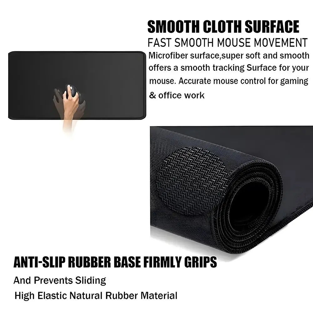 Black gaming mouse pad with a smooth microfiber surface and anti-slip rubber grips
