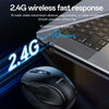 A black wireless ergonomic mouse is shown next to a laptop, illustrating 2.4G wireless fast response technology.