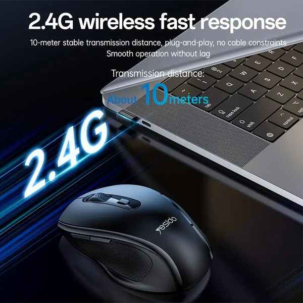 A black wireless ergonomic mouse is shown next to a laptop, illustrating 2.4G wireless fast response technology.