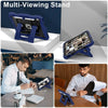 A blue multi-viewing stand for an iPad is shown in various angles, including a desk setup.