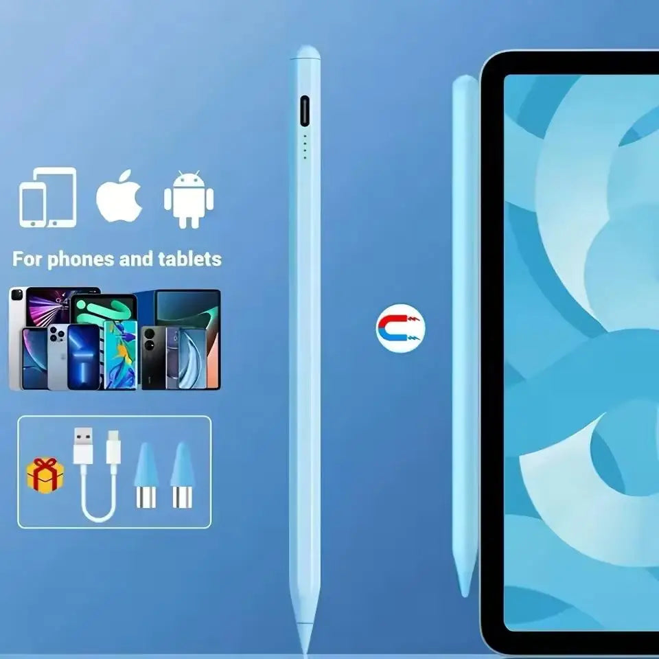 Un lápiz óptico capacitivo delgado azul claro junto a una pantalla de smartphone y varios dispositivos electrónicos.