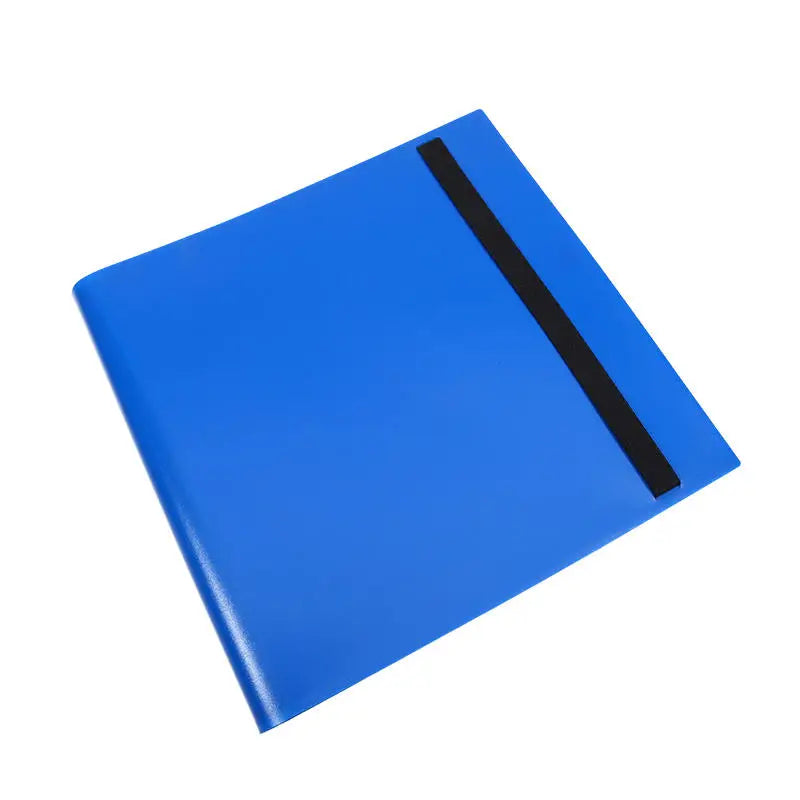 A bright blue card binder album with a black stripe on the cover.