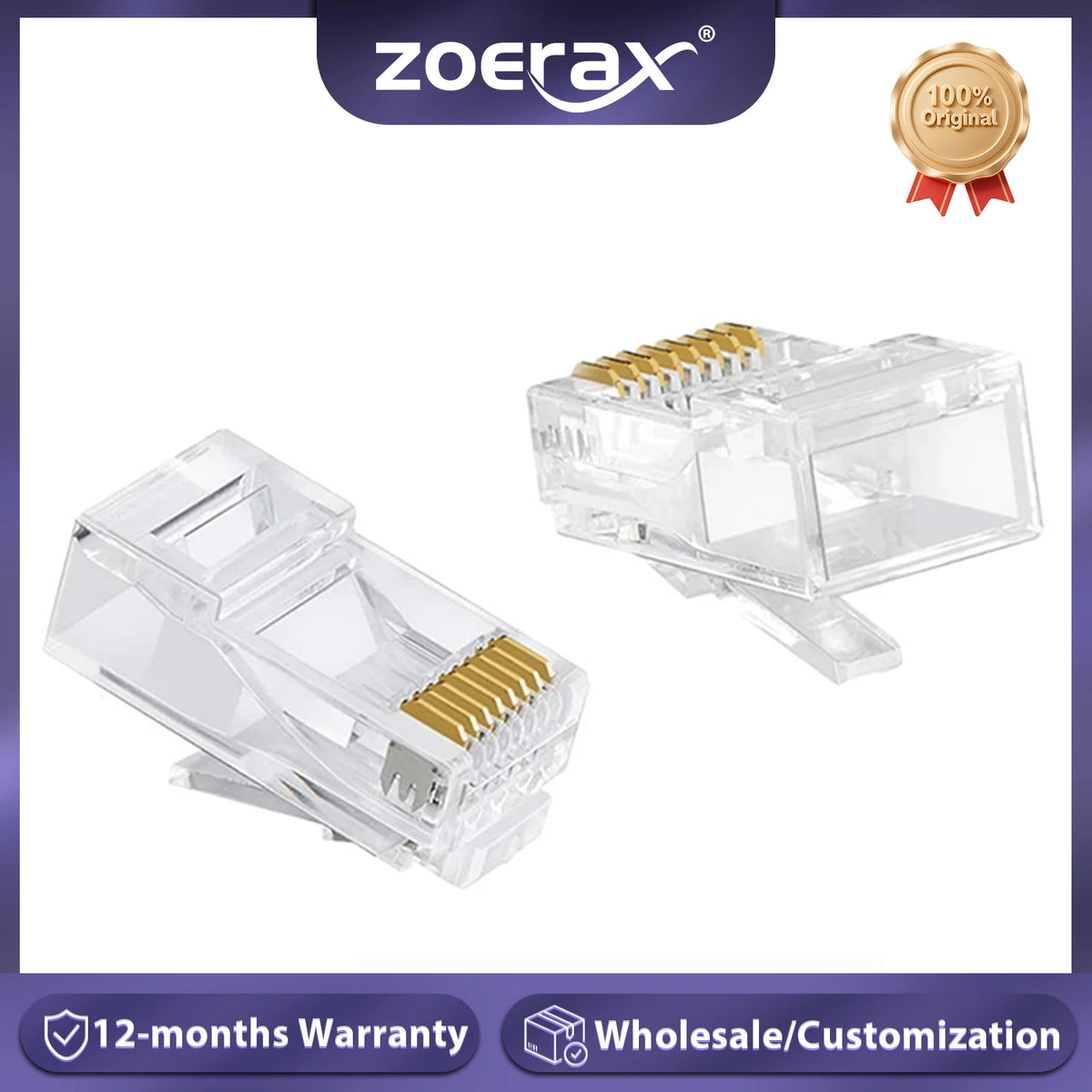 Conectores Ethernet RJ45 de plástico transparente con pines de oro, sobre fondo blanco.