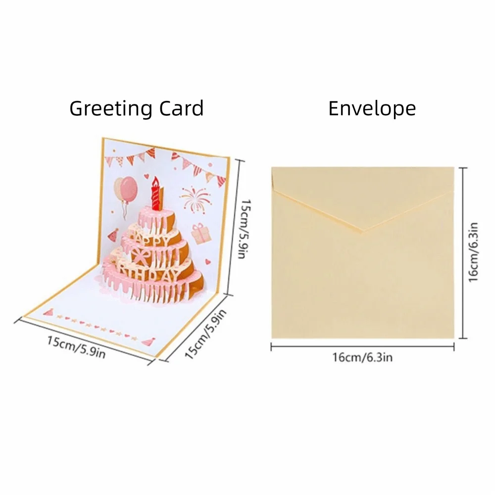A greeting card featuring a pink birthday cake design and a festive theme next to an envelope.