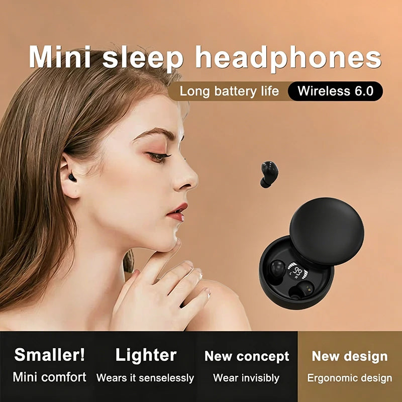 A woman is shown wearing mini sleep headphones with a small earbud and charging case.
