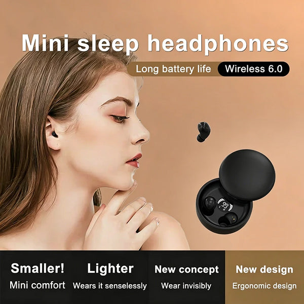 A woman is shown wearing mini sleep headphones with a small earbud and charging case.
