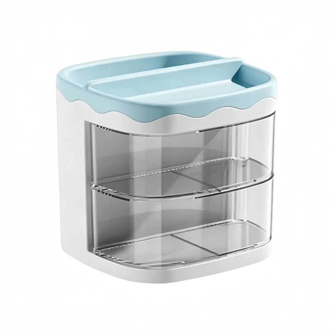 A white acrylic desktop pen holder with a light blue lid and two clear compartments.