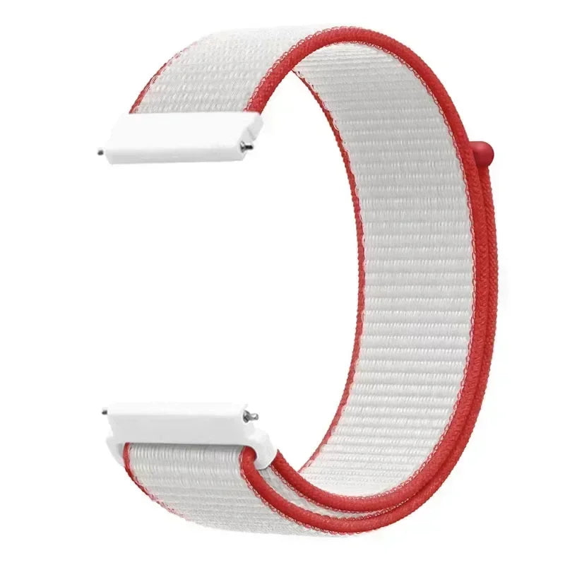 A white and red nylon loop watch strap is shown, featuring a buckle for adjustment.