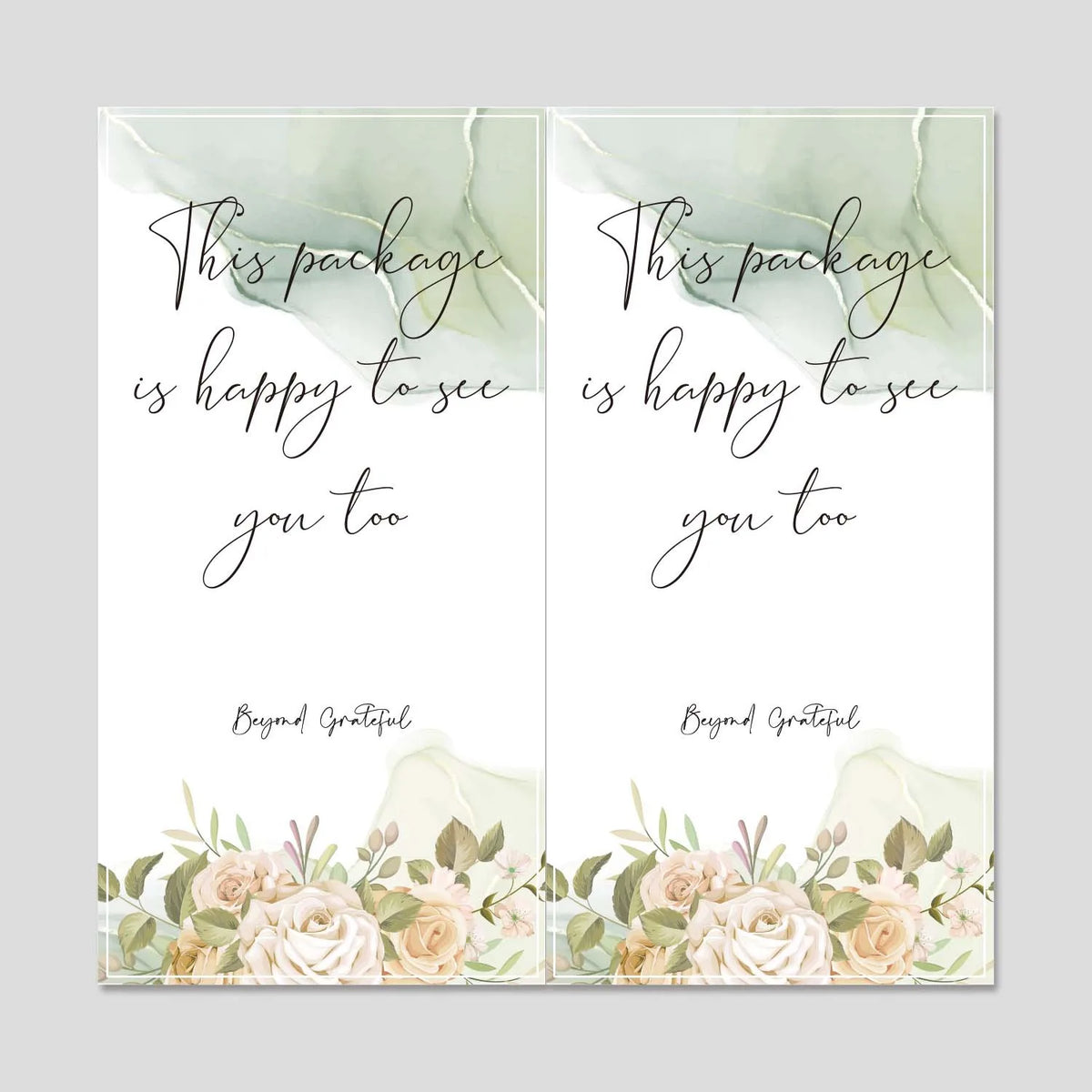 A vertical card design with elegant script text and watercolor greenery, featuring a message of gratitude.