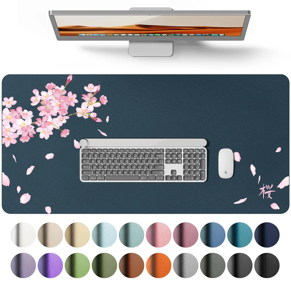 A large PU leather desk mat featuring a laptop and keyboard, surrounded by scattered pink cherry blossoms and various colored