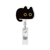 Silver retractable ID badge holder with a black cat clip and a clear plastic badge.
