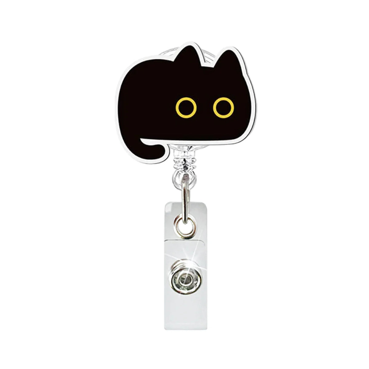 Silver retractable ID badge holder with a black cat clip and a clear plastic badge.