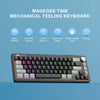 A black MAGEGEE TS68 mechanical feeling keyboard with RGB lighting and various key features displayed on a blue background.