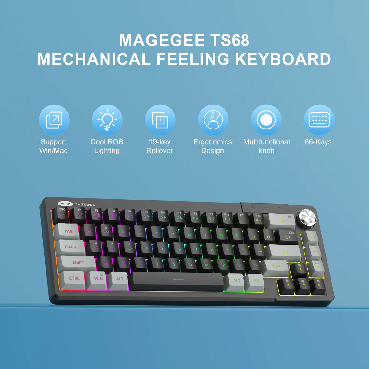 A black MAGEGEE TS68 mechanical feeling keyboard with RGB lighting and various key features displayed on a blue background.