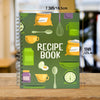 A green recipe book with various kitchen tools and ingredients illustrated on the cover.