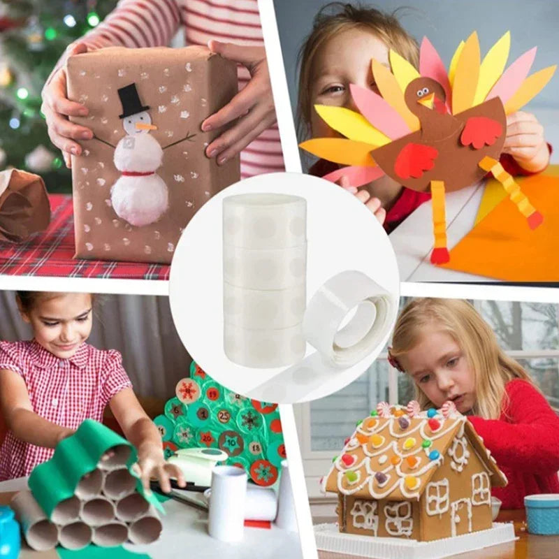 Hands are shown crafting a gingerbread house with adhesive dots and other craft materials.