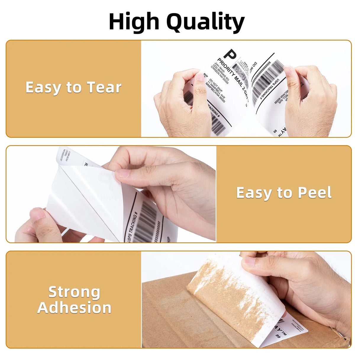 Demonstration of thermal shipping labels showing easy tearing, peeling, and strong adhesion.