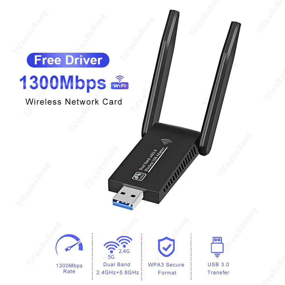 Black high-speed dual-band USB Wi-Fi adapter with external antenna and Ethernet port