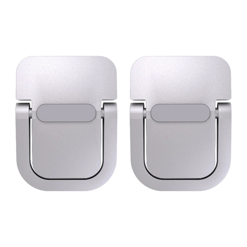 Un par de soportes portátiles de aluminio plateado para portátil, diseñados para elevar y soportar una computadora portátil e