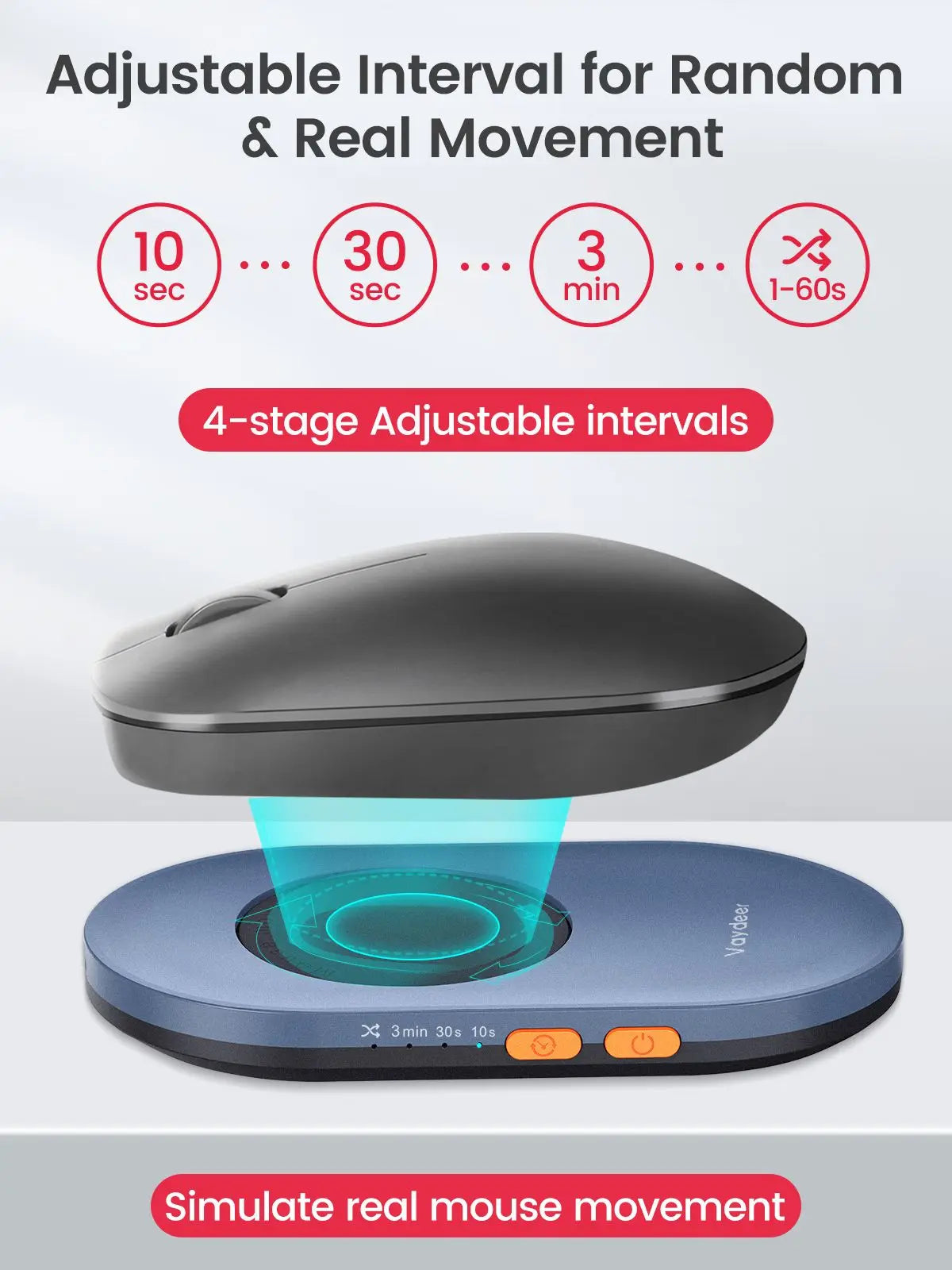 A black electronic device is shown above a blue base, simulating real mouse movement with adjustable intervals.