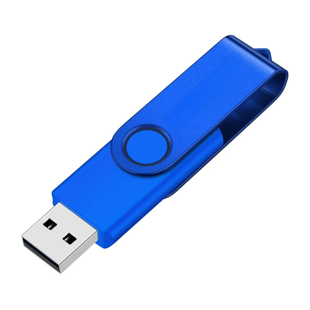 Blauer rotierbarer Metall-USB-Stick mit Anschluss.